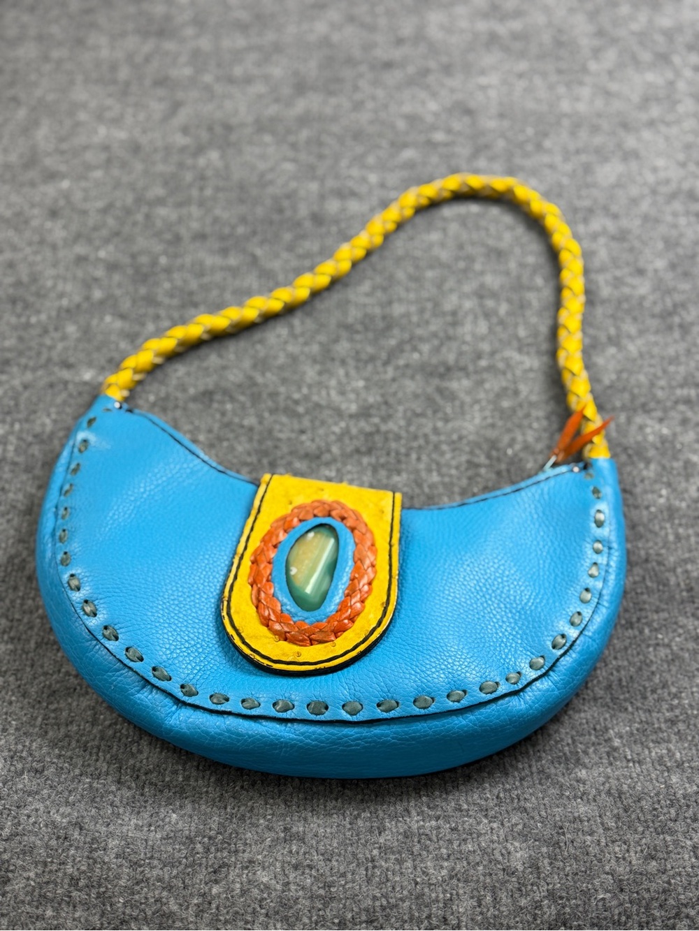 Vtg MAIA France Handmade Leather Agate Stone Crescent Shoulder Hobo Purse